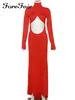 Casual Dresses Forefair Y2K Elegant Red Cut Out Maxi Dress for Women Party Club Outfits Långärmad Ruched Sexig rygglös klänning Birthday