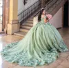 Мята зеленая принцесса Quinceanera Планчики от плеча 3D цветочная аппликация Pupeby юбка Corset vestidos de 15 Anos Quinceaneras 2024