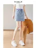 Jupes Vimly Soft Denim Mini pour les femmes 2024 Retro Casual Eleging High Taist Thin A-Line Classic Summer Short Jean Jirt 70887