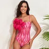 Women Swimsuit One Piece Bathing Suit Pink Stripes Print Monokini Spaghetti Strap Swimwear with Flower Applique