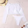 Women's Swimwear 3 Pieces Bikini Sets & Long Sleeve Top 2024 Women Swimsuit Thong Female White Bathing Swimming Swim Suit Beachwear Neon