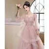 Party Dresses Shiny Pink Tulle Evening Elegant Banquet Long Sleeve Engagement Luxury Square Collar Applicques Ball Gown