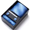 Varumärke Partihandel Tie Pocket Squares Cufflink Set Nathtie Blue Striped Man Wedding Accessories Fit Workplace Holiday Present Box 240408