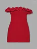 Casual jurken ailigou 2024 zomer dames rode 3d rose details schouderpersoonlijkheid strakke mini bandage jurk elegant beroemdheid feest