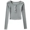 Women's T Shirts Slim-Fit Buckle Small Round Neck High Waist Stretch Long Sleeve Pullover