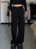 Dżinsy damskie amerykańskie vintage wysoki talia proste dżinsy damskie Casual 2000s Pants w lupgy y2k szerokość nogi grunge solidne czarne dżinsowe spodnie 240423