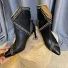 Womens Autumn Winter Fashion Mid Thick Heel Cowboy Ankle Boots Luxury Designer Genuine Leather Rivets Punk Slip On Shoes
