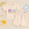 衣類セット最初の誕生日服の女の子ドーナツ1つの刺繍半袖Tシャツショーツ2PCS甘い