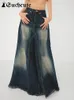 Skirts SUCHCUTE Korean Style Tie-dye Cargo Denim Harajuku Streetwear Blue Maxi Women Fairycore Low Waist Clothes Vintage