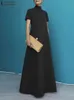 Basic Casual Dresses ZANZEA Summer High Collar Kleid Robes Casual Loose Party Long Dresses Women Short Sleeve Maxi Dress Elegant Solid 2023 VestidosL2403