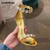 Sandals Rhinestone High Heels Back Zipper bombeia sapatos de casamento de ouro STILETTO Sexy Mulheres elegantes abertas
