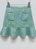 Skirts Diamonds Decoración para mujeres Tweed Sequined Mini Skirt Ruffles Trim Alta cintura Damas elegantes Green Short Jupe para 2024