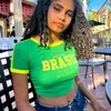 Retro Street Ästhetische Baby T-Shirt Frauen Grün Brasilien Buchstaben Druckernte Tops Casual Slim Short Sleeve Y2K Kleidung E-Girls 240424