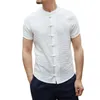 Camisas casuais masculinas Camisa de verão Stand Gollar Manga curta cor sólida Buttons de nó Fit Slim