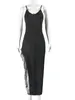 Casual Dresses Kricesseen Women's Black virkning spetsar Tirm High Slit Maxi Dress Sexig Spaghetti Strap Slim Party Skinny Vestido Sleepwear