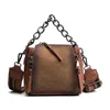 Shoulder Bags Shaped Scrub Leather Design Crossbody Bag 2024 High Quality Women Chain Stripe Wide Strap Flap Bucket