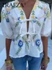 Women's Blouses TRAFZA Holiday Causal Floral Printed Blouse Tops For Women 2024 Spring Short Sleeves Round Neck Bow Tie Vintage Summer Sweet