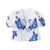 Women's Blouses TRAFZA Holiday Causal Floral Printed Blouse Tops For Women 2024 Spring Short Sleeves Round Neck Bow Tie Vintage Summer Sweet