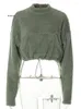 Kobiet bluzy damskie jesień brązowy polar dla kobiet streetwear 2024 o szyja długi rękaw sznurka uprawa top damskie kieszenie bluzy