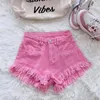 Kvinnors shorts mode grönt a-line casual denim för kvinnor streetwear 2024 Sommarvatten Tassel Wide Leg Pink Short Jeans Female