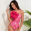 Women Swimsuit One Piece Bathing Suit Pink Stripes Print Monokini Spaghetti Strap Swimwear with Flower Applique