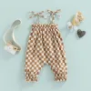 One-Pieces Infant Baby Girls Casual Jumpsuit, Brown Checkerboard Plaid Pattern Sleeveless Tieup Strap Romper