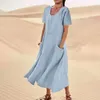 Abiti casual cotone vintage lungo per donne estate solida o collo corta manica boho maxi tasca tasca sciolta