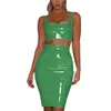 Arbeitskleider Fashion Punk Girls glänzende PVC-Leder-Kleid-Sets hoher Taille knielanges Bleistiftrock Rock Square Halsharmärchen