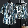 Herrtryckad skjorta set Hawaiian stil casual blommig toppuppsättning Mens och kvinnor tryckt skjorta set korta ärmkläder 240410