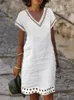 Leer katoenen linnen vrouwen kanten jurk witte v-neck elegante jurken vrouwelijke zomer mode casual losse strandkleding dames 240418