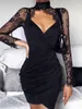 Casual Dresses 2024 Fashion Lace Patchwork Hollow Dress Low Cut V Neck Long Sleeve Asymmetrical Sexy Waist Hollow-out Skirt