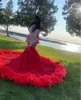 Party Dresses Red Sparkly Long Mermaid Evening Birthday Gala For Black Girl Luxury Diamond Crystal Feather Prom Ceremony Dress