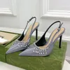 Slingbacks مضخات سلسلة الماس عالية الكعب الصنادل المصممة الشهيرة نساء رواية خمر الأحذية الفاخرة الصيف Espadrille Sandal Sheepesk Top Sender Cheels