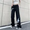 Jeans pour femmes punk style femme rétro lettre étoile imprimer pantalon de cargaison baggy sage droit au sol noir denim noir pantalons