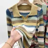 Shirts Polo Neck Shirts for Women Long Sleeve Tops Striped Clothing Knit Youth Offer Free Shipping Summer 2023 Tshirt Woman Cotton New