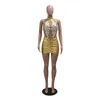 Casual Dresses Halter Backless Mesh Patchwork Appliques Women Bodycon Sexy Party Dress See Through Shiny Metallic Night Club Gold Silver