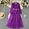 Casual Dresses Autumn Luxury Elegant Celebrity Satin Pleated Shiny Dress Fan Beading Women's Waist Draped 2024 Winter