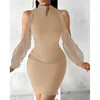 Lässige Kleider Frühlingssommer Kleid Frauen lang Ärmeln halb hohe Kragen feste Spitzenmode elegante Pendelwesen Frauen schlank sexy