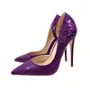 Klänningskor 2024 Retro Style Summer Office High Heels 10cm stilett Point Toe Womens Purple Sexig Snake Mönstrade nattklubbpumpar