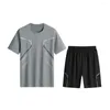 Męskie dresy 2-częściowe swobodne odzież sportowa o kołnierz krótkie rękawki T-shirt stretch talia szerokie nogi