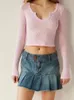 Kvinnors T-skjortor Söt spetsstitching Milkmaid Textured Ribbed Knittad Top Pink White Coquette Eesthetic Long Sleeve Tops Lolita T-shirt