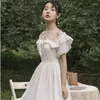 Casual Dresses Women Short Sleeve White Calf-length Square Collar Ruffles Female Elegant Sweet High Waist Korean Stylish Vestidos Retro