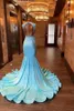 2024 Light Blue Mermaid Prom Dresses Jewel Neck Silver Crystal Rhinestone Beads Cap Sleeves Evening Gowns Formal Dress Sweep Train Open Back