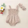 One-Pieces Infant Baby Girls 2Pcs Summer Outfits, Sleeveless Frill Smocked Strap Romper with Headband Set