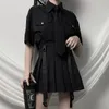 Women's Polos Gothic Shirt Women Japaneses Style Chic Tie Black Shirts 2024 Streetwear Harajuku Girl Summer Tops Loose Pockets Preppy