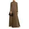 Robes décontractées des femmes élégantes habiller le col haut musulman à manches longues en ligne A-line couleur solide élastique parié maxi maxi