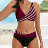 Women's Swimwear Women Sexy Bikini Set Contrast Color Striped Print Padded Bra High Waist Briefs Push Up Swimsuit Female Bandeau