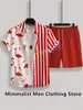 Fashion Mens Hawaiian Black Flamingo Strip Print Set Short Sleeve Casual Button Shirt Beach Shorts Suits Vacation Two Piece 240410