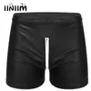 Mens Zipper Crotch Faux Leather Boxers Shorts Low Rise Elastic Waistband Nightclub Party Stage Performance Rave Costume 240410