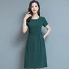 Casual jurken zomerjurk vrouwen elegante solide vintage 2024 o-neck slanke A-lijn korte mouw voor hoge kwaliteit